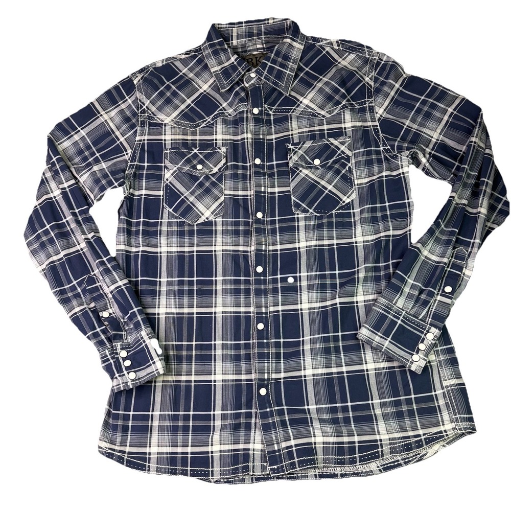 Bke Athletic Fit Men's Medium Plaid Navy Western Pearl Snap Shirt Long Sleeve